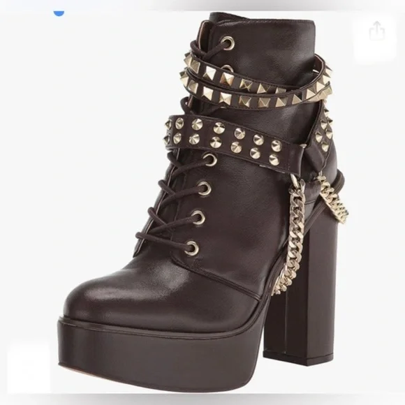Jessica Simpson Lannoli brown lace up chain Studded Platform heeled boots size 9 - Picture 3 of 7